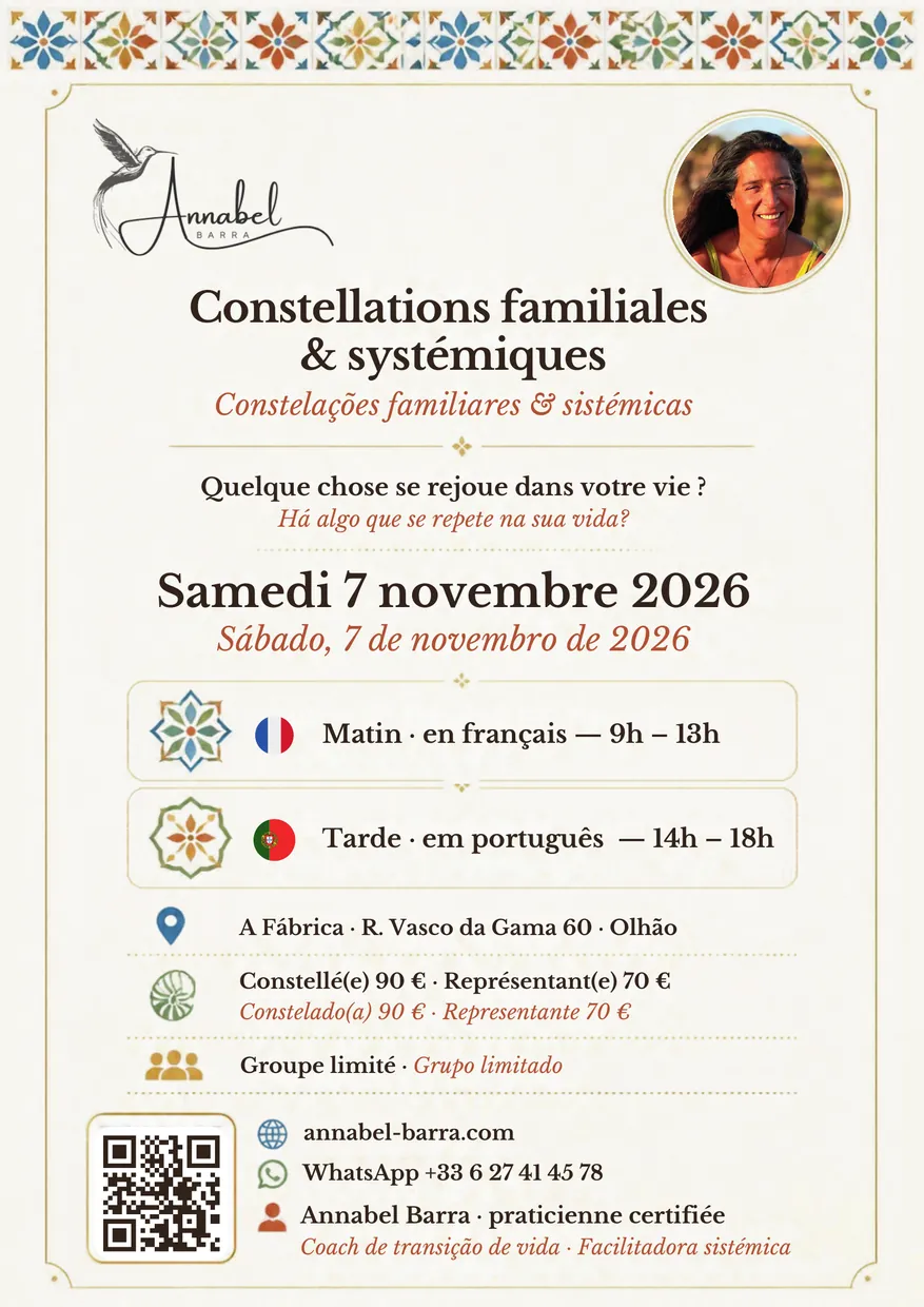 Affiche — Constellations familiales & systémiques, samedi 7 novembre 2026, A Fábrica, Olhão